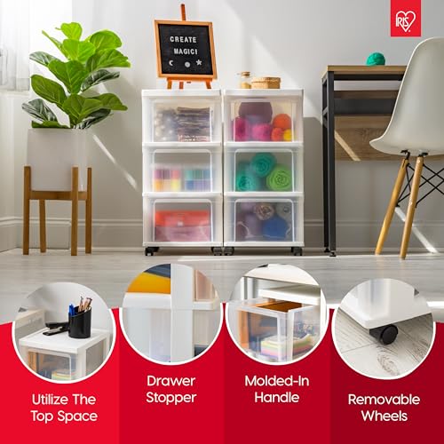 IRIS USA Plastic 3-Drawer Rolling Storage Cart with Wheels, White/Clear Y619