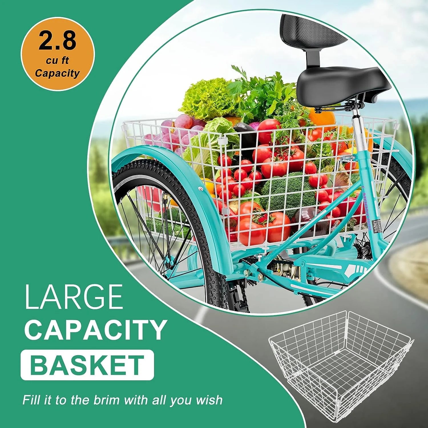 FICISOG 26 Adult Tricycle, 3 Wheel 7 Speed, 450lbs Capacity with Basket X547