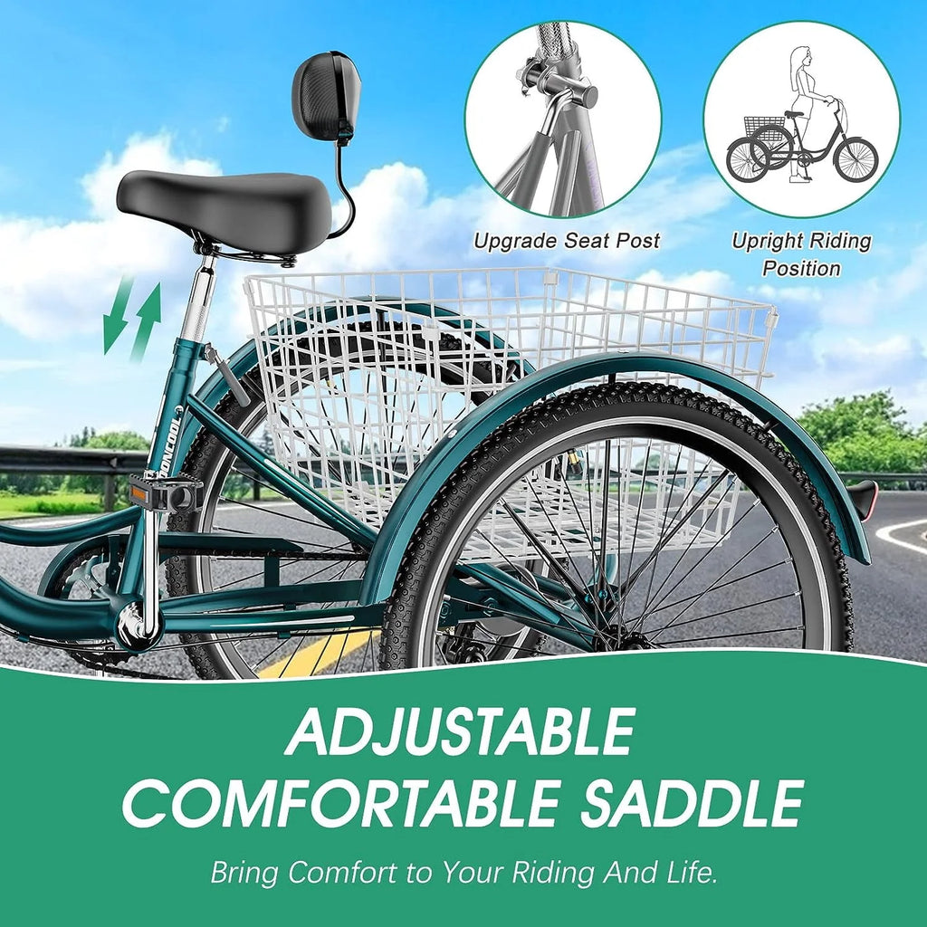 FICISOG 26 Adult Tricycle, 3 Wheel 7 Speed, 450lbs Capacity with Basket X547