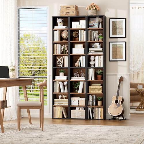 FOTOSOK 8-Tier Media Tower Rack, Tall Narrow Bookcase, Black/Brown W19438