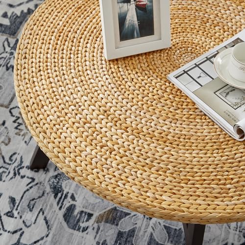 RANDEFURN Round Seagrass Coffee Table with Pine Wood X Base, 32 x 17 Inches E987219