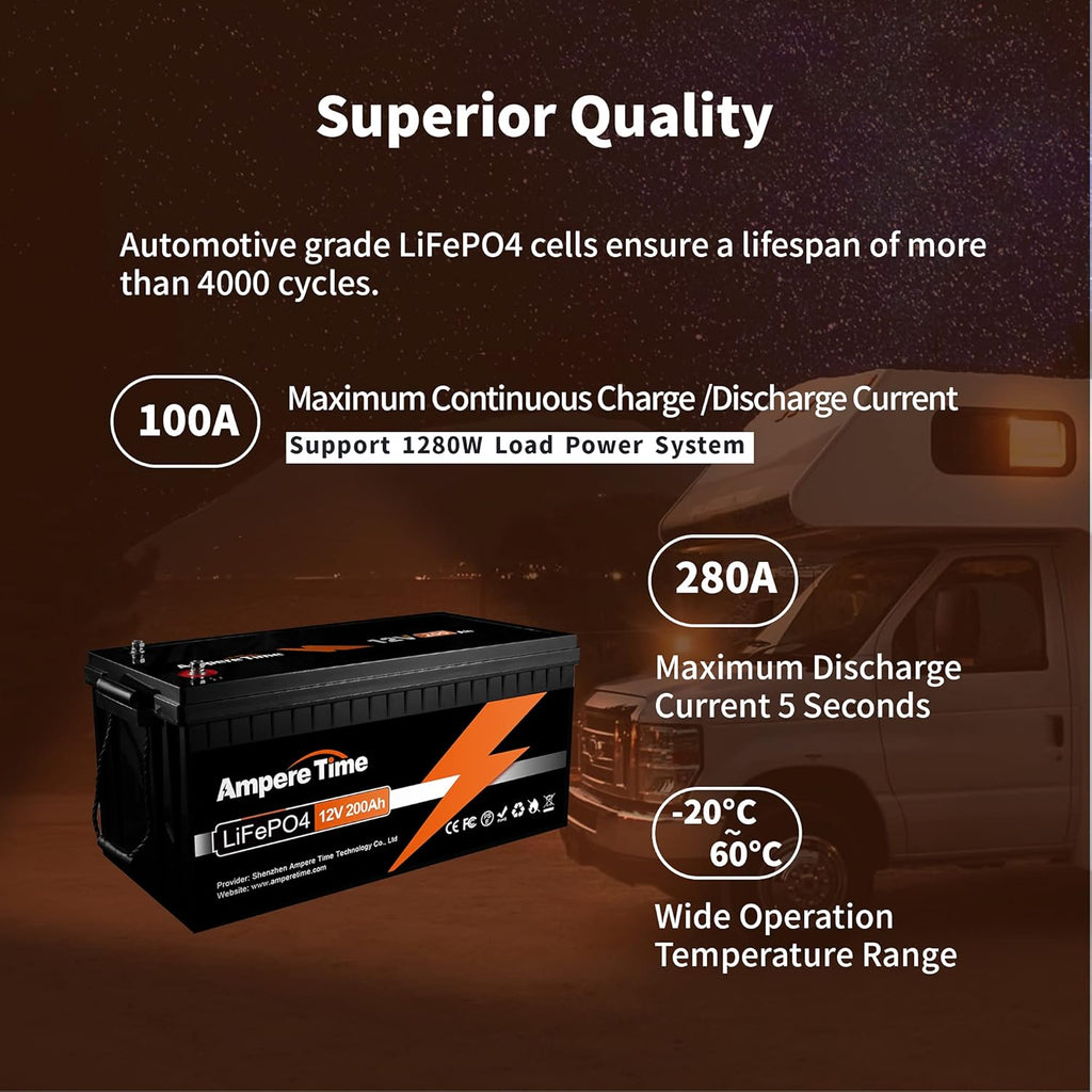 Ampere Time 12V 200Ah Plus LiFePO4 Battery with 200A BMS N84511