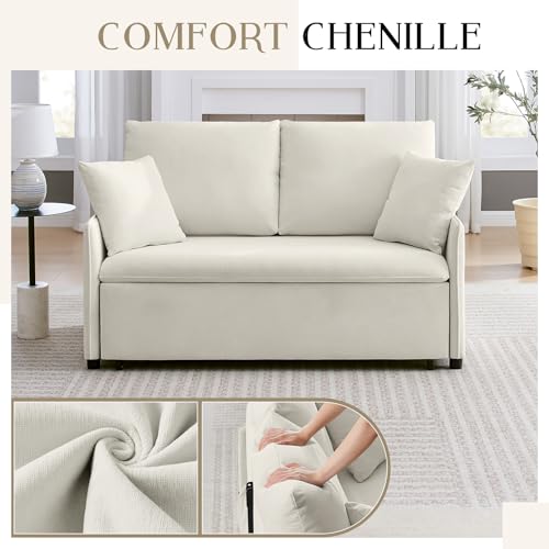 55" 3-in-1 Convertible Sleeper Sofa Bed with Adjustable Backrest, Chenille, Beige R49011