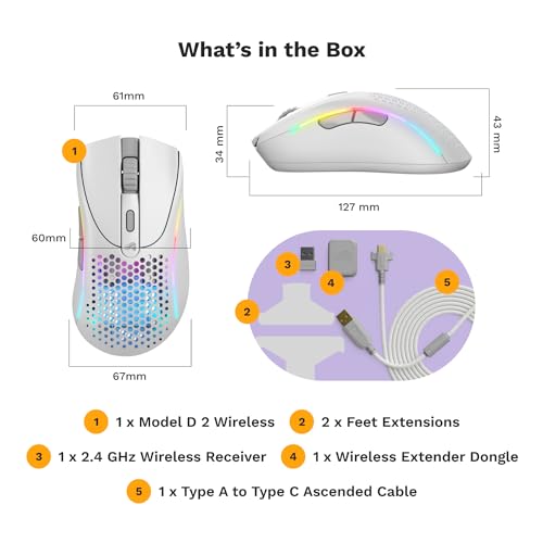 Glorious Gaming Model D 2 Wireless Ergonomic Mouse, 66g, White V612