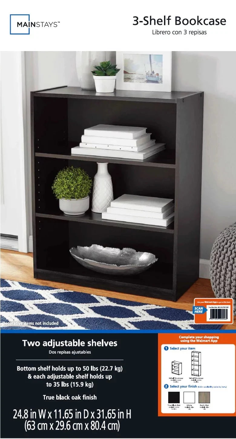 Mainstays 3-Shelf Bookcase with Adjustable Shelves, True Black Oak D26467