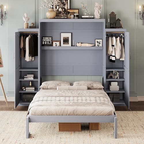 Queen Size Murphy Bed Wall Cabinet with 2 Wardrobes and Storage Shelf, White E955210
