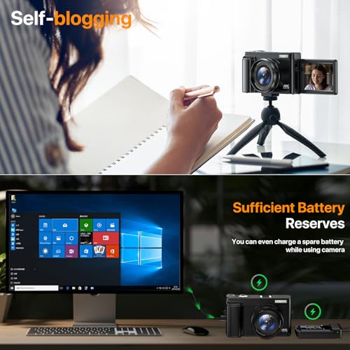 4K Digital Camera for Vlogging with 180° Flip Screen, SD Card & 2 Batteries T2211