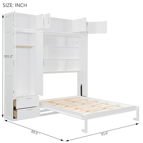 Merax Queen Murphy Bed with Shelves and Wardrobe, White A610744