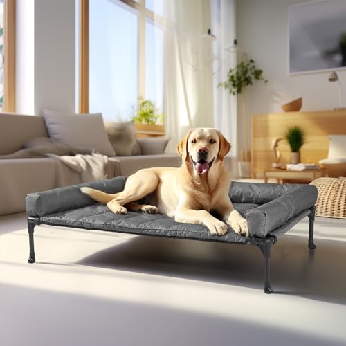 Veehoo Elevated Dog Bed with Removable Waterproof Bolster Cushion, Breathable Mesh, Indoor Outdoor, 42x30 inches, Beige U875430