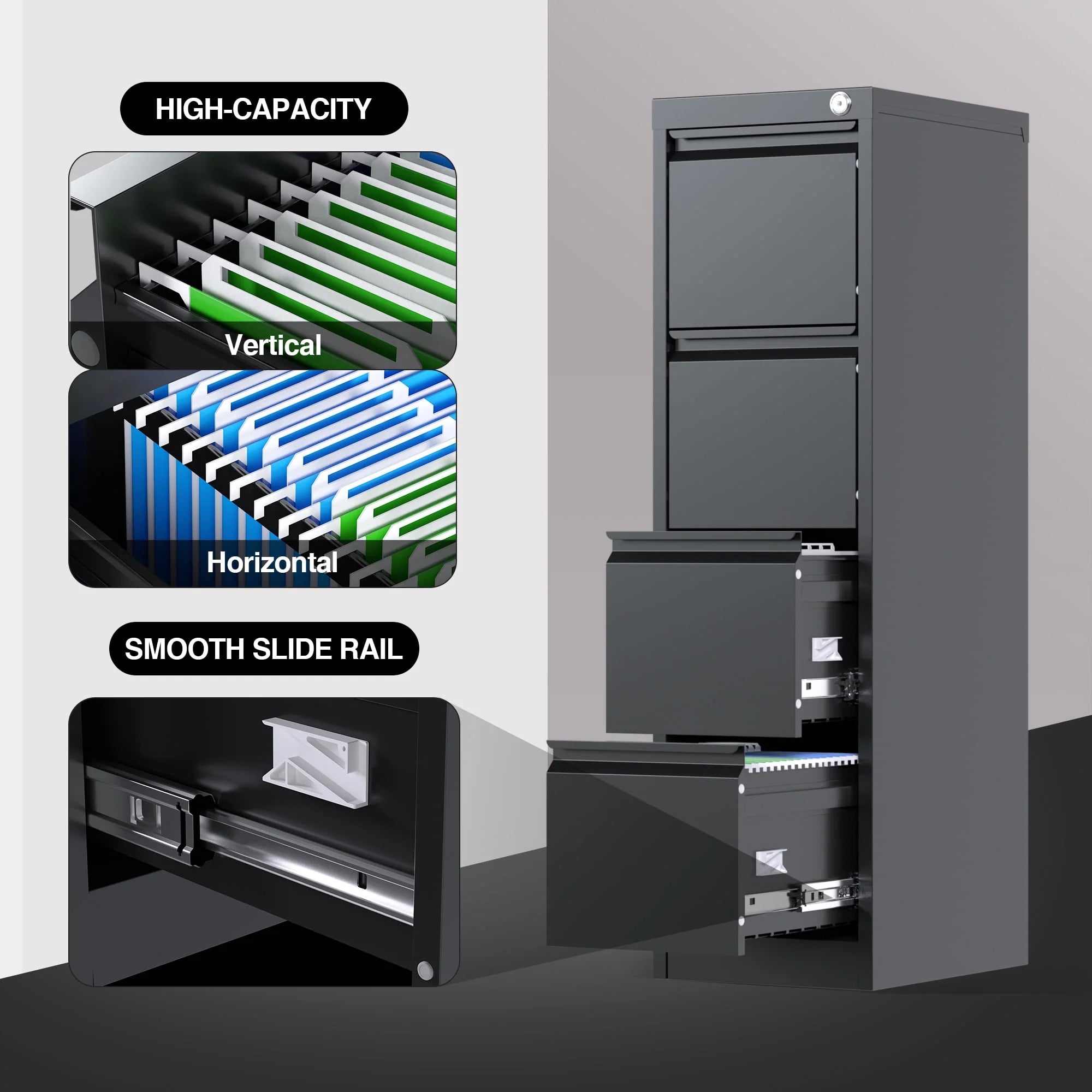 SUPEER 4 Drawer File Cabinet with Lock, Metal Vertical Storage, Black E499