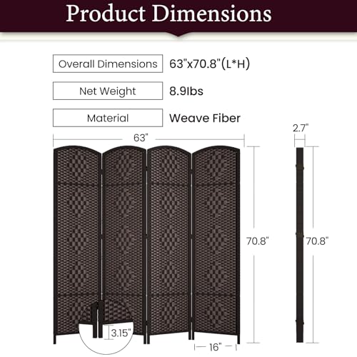 Rose Home Fashion 6 ft Tall Room Divider 4 Panel Folding Privacy Screen, Dark Coffee C8634