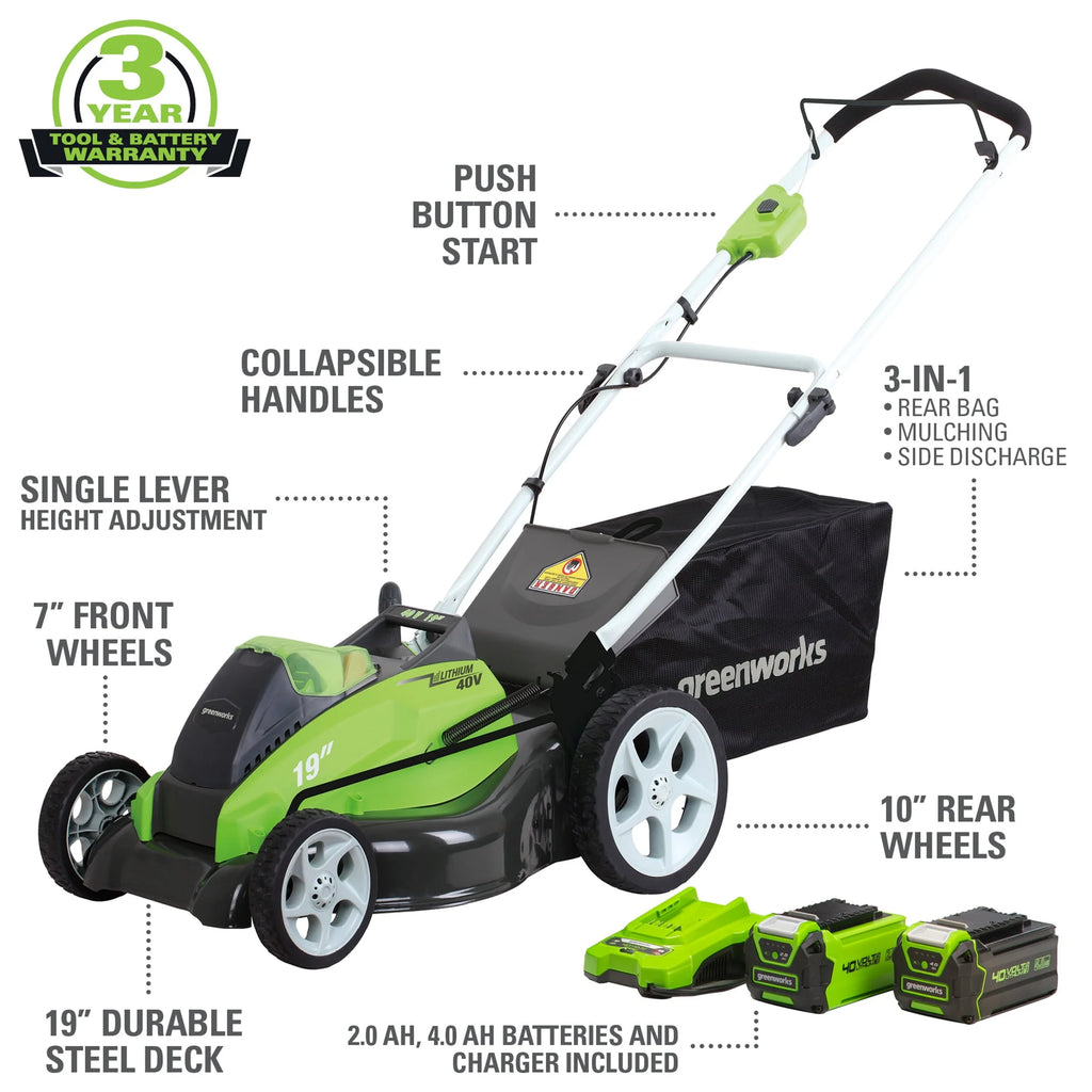 Greenworks 40V 19" Brushless Walk-Behind Lawn Mower with 4.0 Ah Battery & Charger B96689