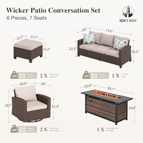 HERA'S HOUSE Patio Furniture Set with 56" Fire Pit Table, 6 Pieces 7 Seats Wicker Sectional Z546196