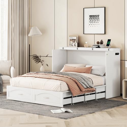 Full Size Murphy Bed with Drawers, Cabinets and USB Ports, Gray D589081