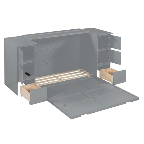 Full Size Murphy Bed with Drawers, Cabinets and USB Ports, Gray D589081