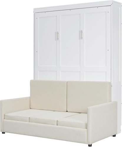 MERITLINE Queen Murphy Bed with Couch and Storage Shelves, White M951