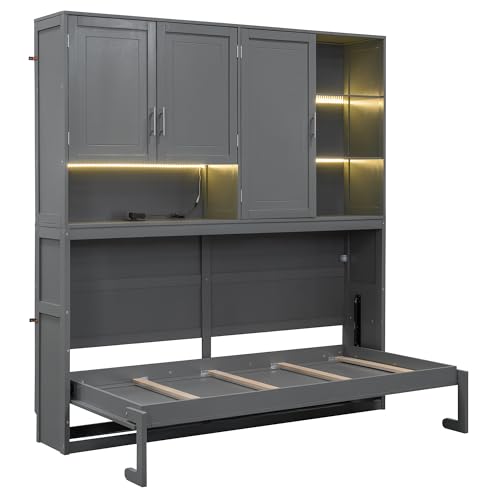 SOFTSEA Twin Murphy Bed Frame with Storage, Foldable Wall Bed, Gray I79151