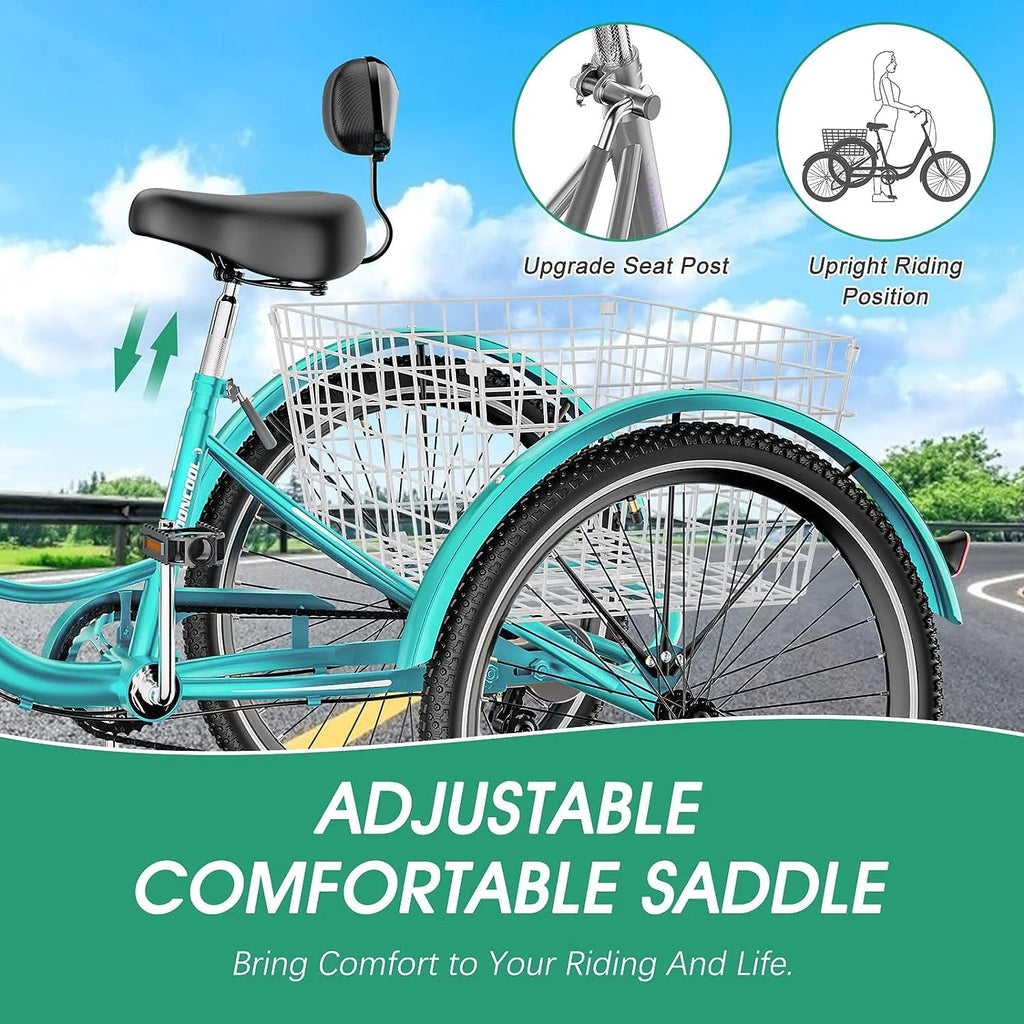FICISOG 26 Adult Tricycle, 3 Wheel 7 Speed, 450lbs Capacity with Basket X547