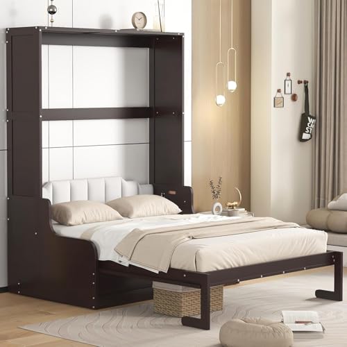 MERITLINE Queen Murphy Bed with Couch and Storage Shelves, White M951