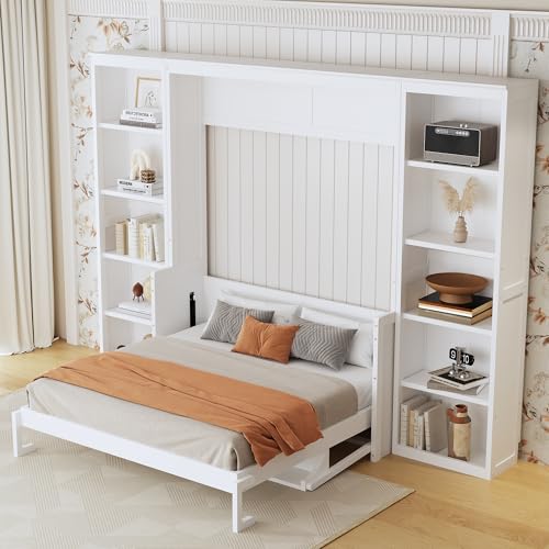 SOFTSEA Full Size Murphy Bed with Desk and Shelves, White F195