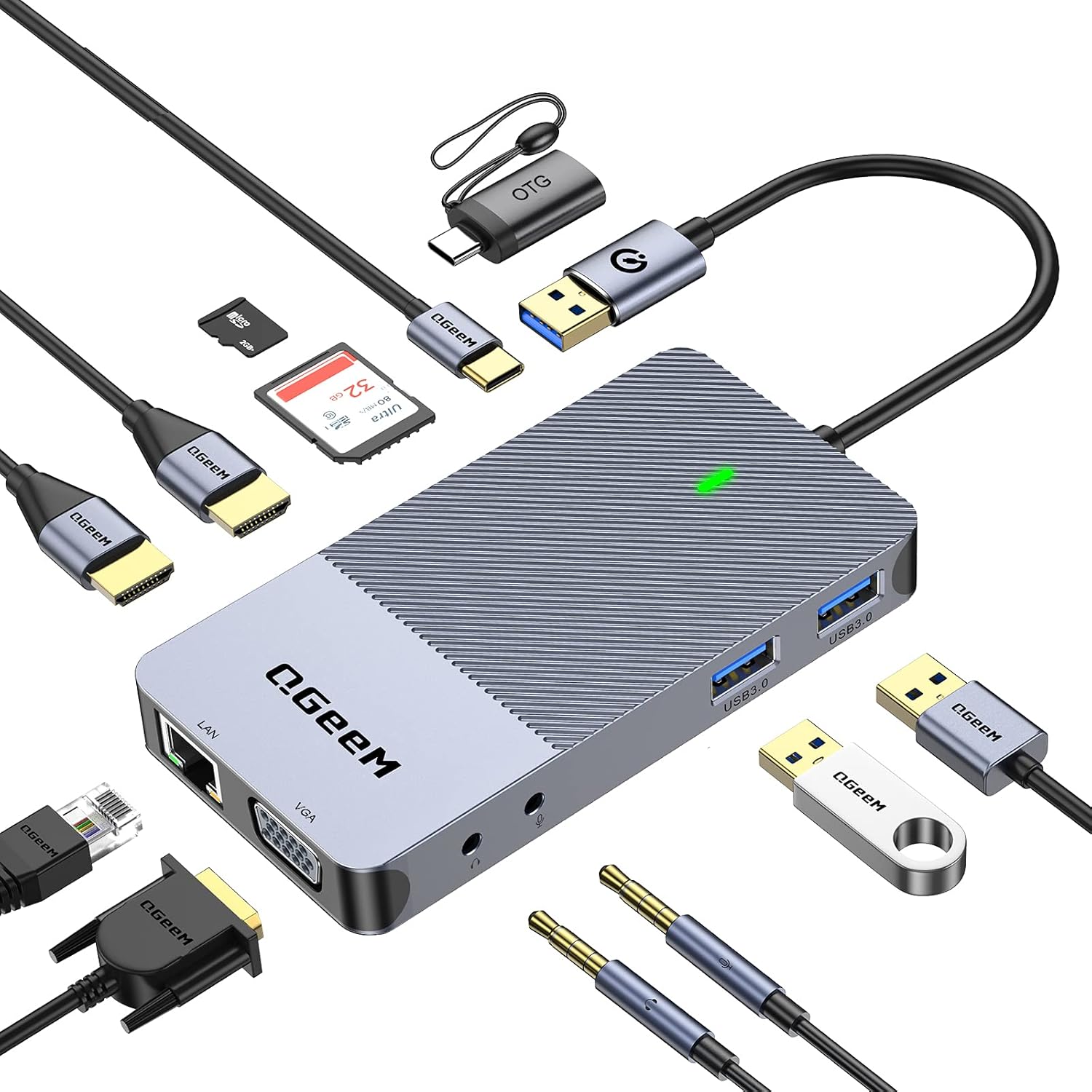 QGeeM USB 3.0 Docking Station, USB C Hub to HDMI Multiport Adapter,USB Hub Dual HDMI VGA Monitor Triple Display Portable Laptop USB Dock Pack of 2