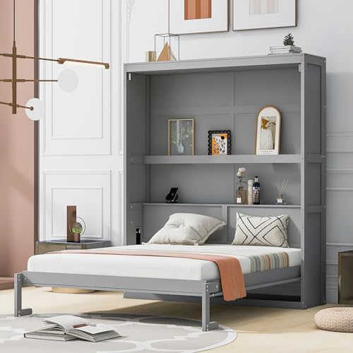 Full Size Murphy Bed with Drawers, Cabinets and USB Ports, Gray D589081