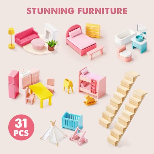 Tiny Land Wooden Dollhouse for Girls with 31Pcs Furniture Accessories, Green L263
