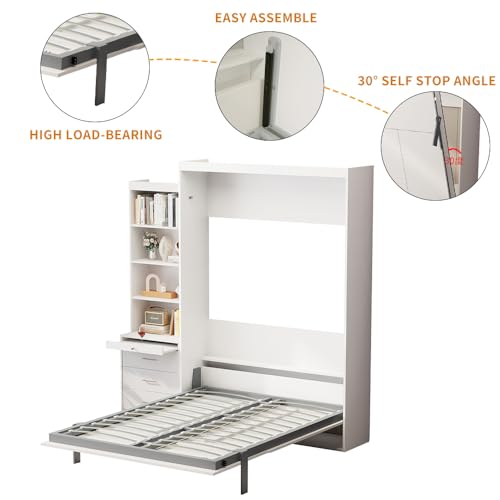 Queen Size Murphy Bed Wall Cabinet with 2 Wardrobes and Storage Shelf, White E955210