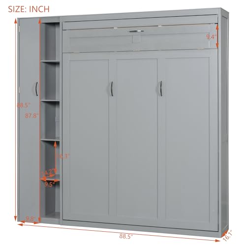 Harper & Bright Designs Queen Murphy Bed with Storage Shelves and LED Lights, Gray D9429