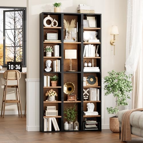 FOTOSOK 8-Tier Media Tower Rack, Tall Narrow Bookcase, Black/Brown W19438