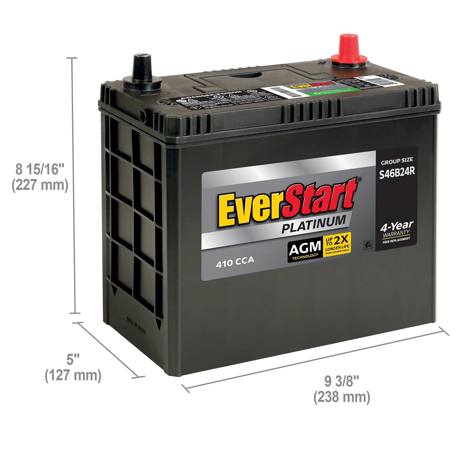 EverStart Platinum AGM Automotive Battery Group S46B24R 12V 410 CCA N719872