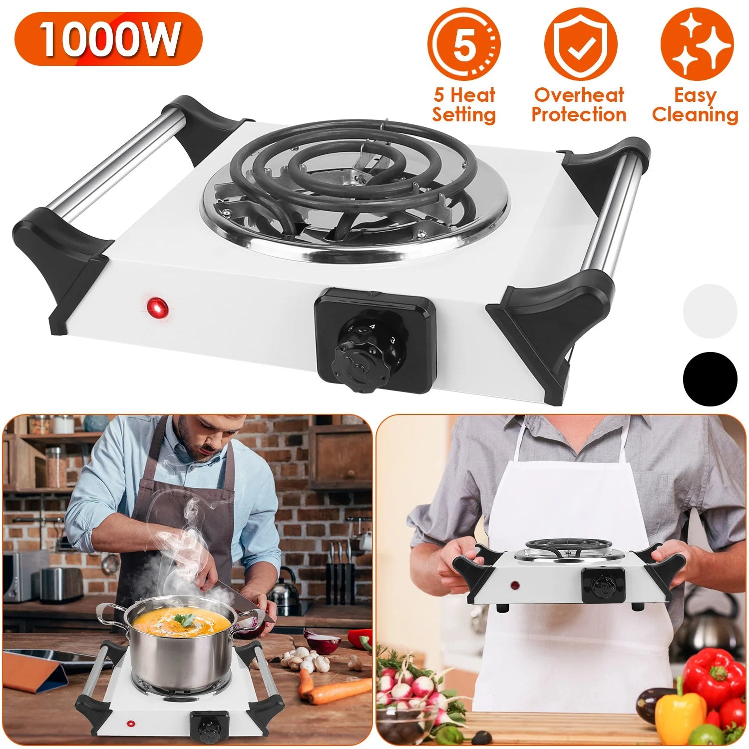 iMounTEK 1000W Electric Single Burner Portable Electric Stove Coil Heating Hot Plate Stove Countertop RV Hotplate with 5 Temperature Adjustments Portable Handles, White
