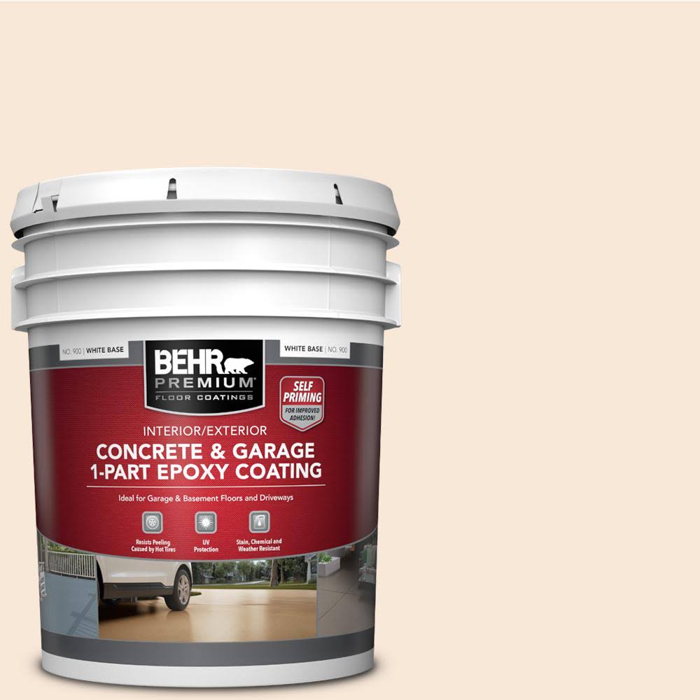 BEHR Premium 5 gal. White Self-Priming 1 Part Epoxy Interior/Exterior Concrete and Garage Floor Paint, White/Satin
