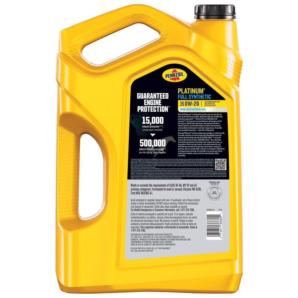 Pennzoil Platinum Full Synthetic 0W-20 Motor Oil, 5-Quart A9698