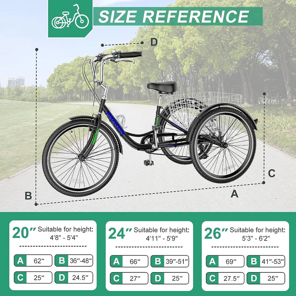 FICISOG 26 Adult Tricycle, 3 Wheel 7 Speed, 450lbs Capacity with Basket X547