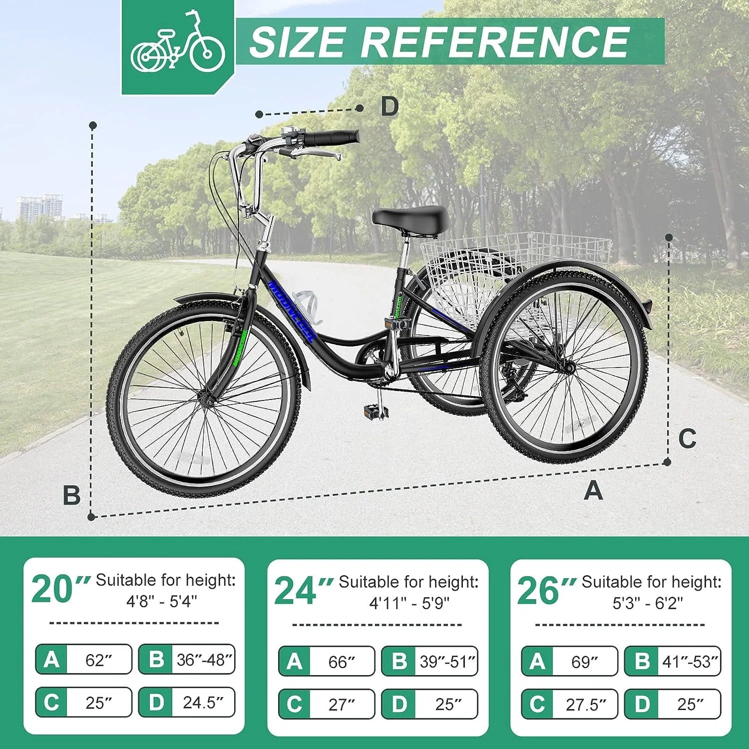 FICISOG 26 Adult Tricycle, 3 Wheel 7 Speed, 450lbs Capacity with Basket X547