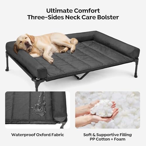 Veehoo Elevated Dog Bed with Removable Waterproof Bolster Cushion, Breathable Mesh, Indoor Outdoor, 42x30 inches, Beige U875430