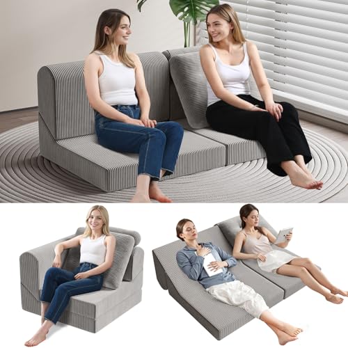 COMAX Folding Sofa Bed Convertible Chair Bed Corduroy 3-in-1 Floor Couch, Dark Grey E940