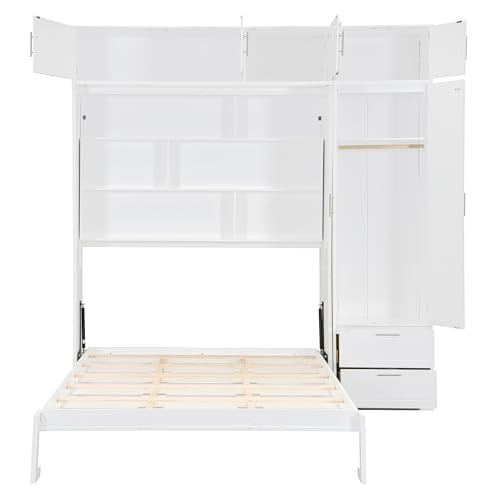 Merax Queen Murphy Bed with Shelves and Wardrobe, White A610744