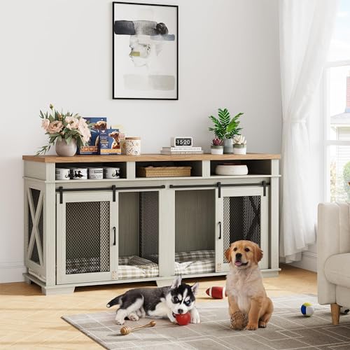 71" Dog Crate Furniture for 2 Dogs with Storage Drawers and Divider Y72401