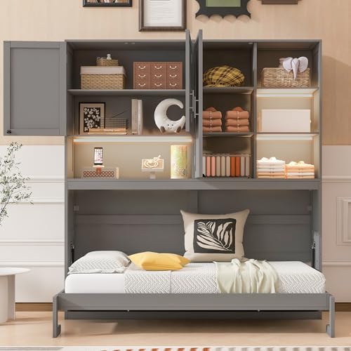 PURLOVE Wood Twin Murphy Bed with Light and USB, Gray W600663