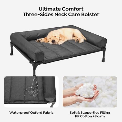 Veehoo Elevated Dog Bed with Removable Waterproof Bolster Cushion, Breathable Mesh, Indoor Outdoor, 42x30 inches, Beige U875430