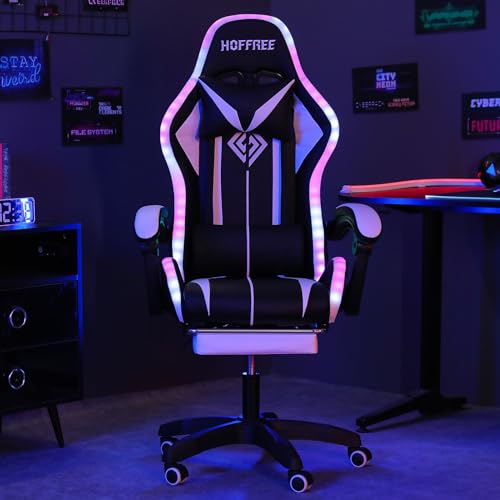 HOFFREE RGB Gaming Chair with Speakers and Footrest, Blue and Black B69323
