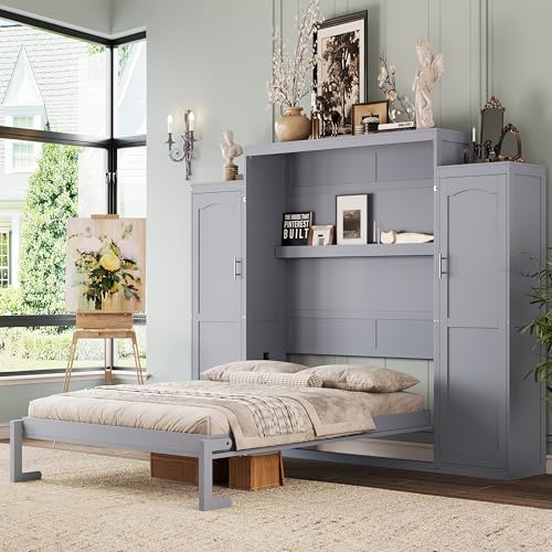 Harper & Bright Designs Full Murphy Bed with Two Closets and Storage Shelf, Walnut P2065
