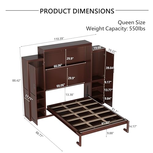Queen Size Murphy Bed Wall Cabinet with 2 Wardrobes and Storage Shelf, White E955210