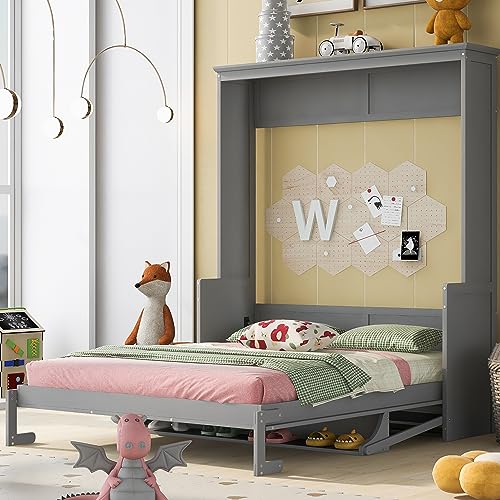 Queen Size Murphy Bed with Foldable Shelf/Desk, Solid Pine Wood, White P330