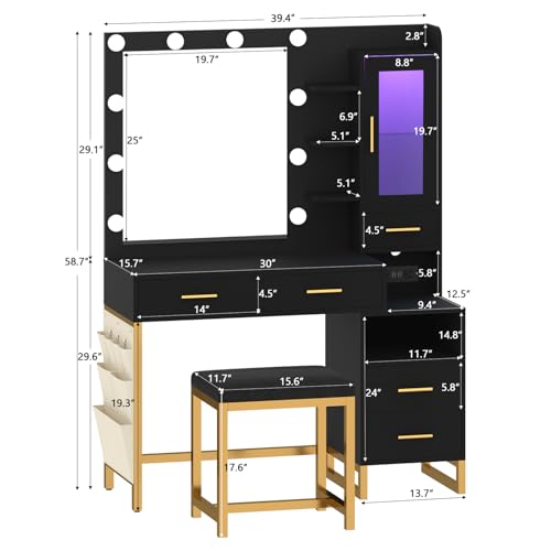 White Vanity Desk with Lighted Mirror and Chair, 5 Drawers Q413
