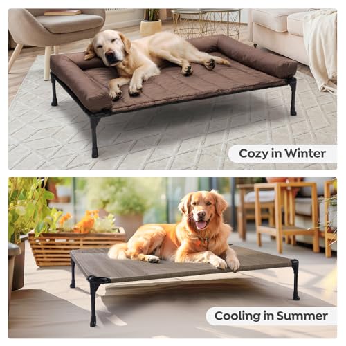 Veehoo Elevated Dog Bed with Removable Waterproof Bolster Cushion, Breathable Mesh, Indoor Outdoor, 42x30 inches, Beige U875430
