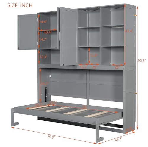 SOFTSEA Twin Murphy Bed Frame with Storage, Foldable Wall Bed, Gray I79151
