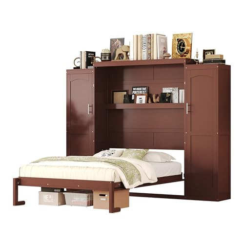 Harper & Bright Designs Full Murphy Bed with Two Closets and Storage Shelf, Walnut P2065